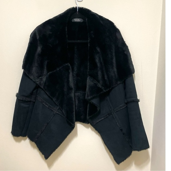 AKIRA FAUX SUEDE LEATHER FUR COAT, SIZE SMALL - Picture 2 of 16